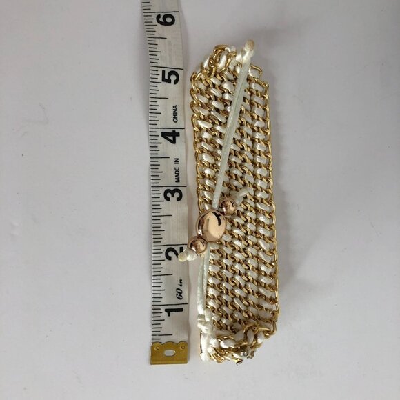 Wide Cuff Crochet Rhinestone Chunky Chain Adjustable Bracelet Gold Tone - Picture 5 of 6